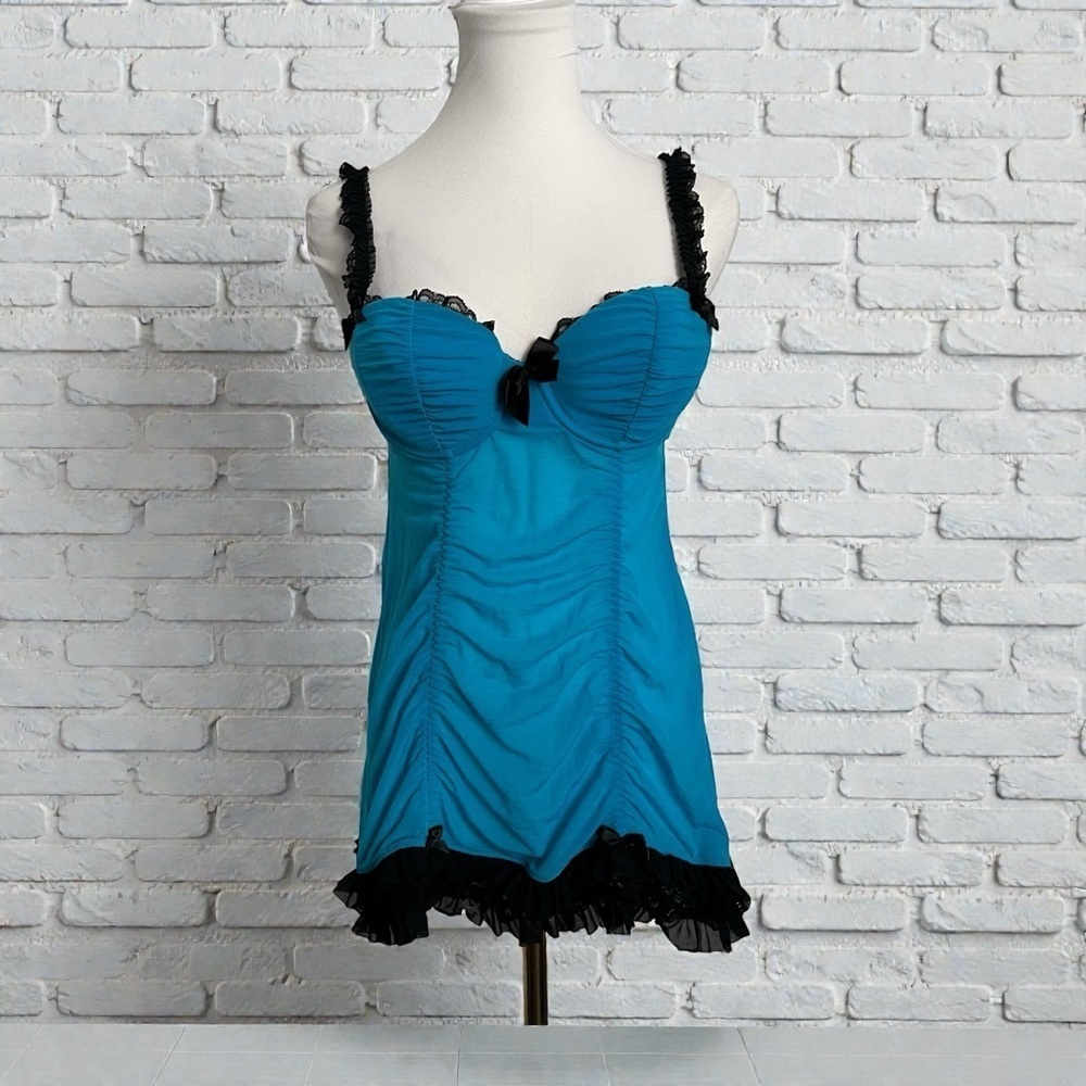 Vintage Y2K Turquoise Babydoll Chemise Lingerie Black Lace Bow Trim M